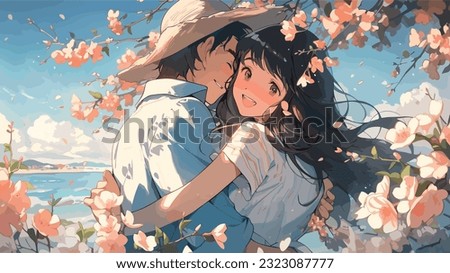 fantasy a couple embraces under a blossoming cherry tree