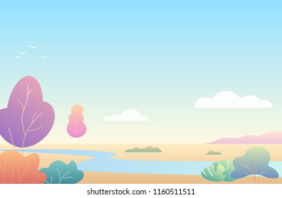 Fantasy, cozy simple minimalistic autumn landscape with river , modern gradient nature vector illustration.