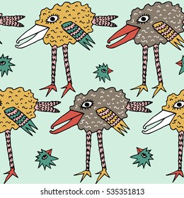 Fantasy crazy  birds.hand drawn lines pattern. Ethnic patterned vector illustration. African, indian, totem, tribal, design.baby relax color