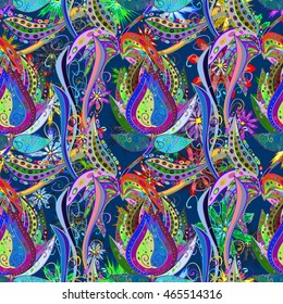 Fantasy creative colorful floral pattern on blue background. Colorful doodle ornament. Vector illustration.