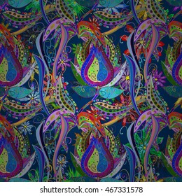 Fantasy creative floral pattern on blue background. Colorful doodle ornament. Vector illustration.