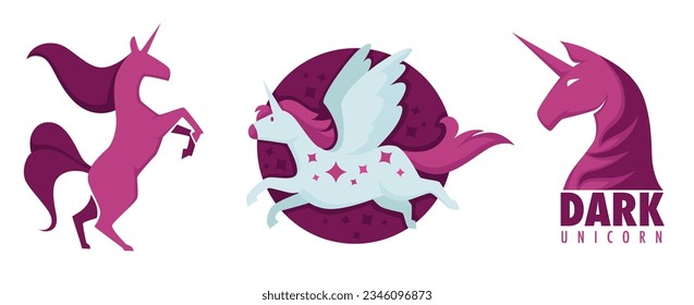 Fantasy creature or character with horn on head, isolated pony or horse with pink hair and wings. Fantasy personage and fairy tale. Mythical animal, mammal with ability to fly. Vector in flat style