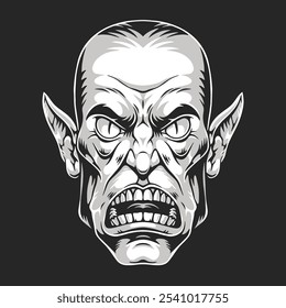 A fantasy creature depicts a terrifying face with angular features. Its menacing expression reveals sharp teeth and pointed ears enhancing its sinister look in a dark background.