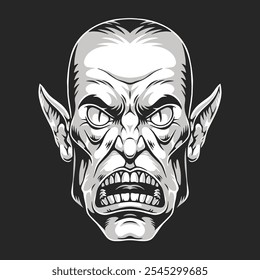 A fantasy creature depicts a terrifying face with angular features. Its menacing expression reveals sharp teeth and pointed ears enhancing its sinister look in a dark background.