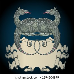 Fantasy creature dragon. Medieval Heraldic coat of arms crest shield emblem - Vector illustration for sticker, poster, banner, web, t-shirt print, pin, bag print, badge. isolated artwork.
