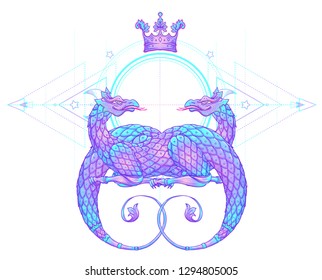 Fantasy creature dragon. Medieval Heraldic coat of arms crest shield emblem - Vector illustration for sticker, poster, banner, web, t-shirt print, pin, bag print, badge. isolated artwork.
