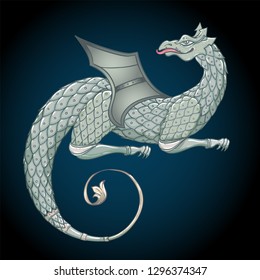 Fantasy creature dragon. Medieval Heraldic coat of arms crest shield emblem - Vector illustration for sticker, poster, banner, web, t-shirt print, pin, bag print, badge. isolated artwork.
