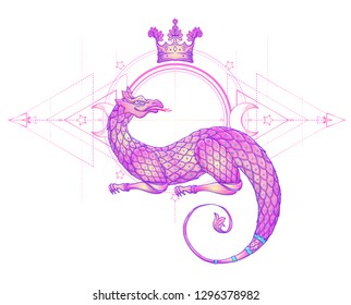 Fantasy creature dragon. Medieval Heraldic coat of arms crest shield emblem - Vector illustration for sticker, poster, banner, web, t-shirt print, pin, bag print, badge. isolated artwork.
