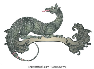 Fantasy creature dragon. Medieval Heraldic coat of arms crest shield emblem - Vector illustration for sticker, poster, banner, web, t-shirt print, pin, bag print, badge. isolated artwork.
