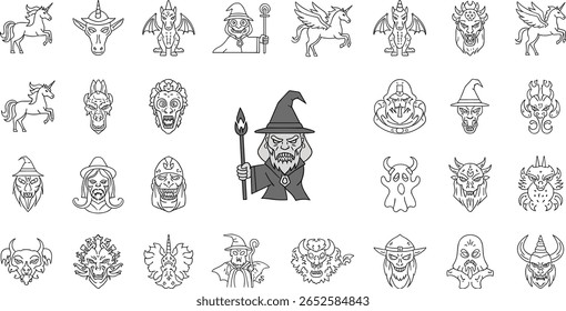 Criatura fantasia conjunto de ícones de linha. Pictogramas vetoriais de unicórnio, pégaso, dragão, bruxa, bruxo, fantasma, vampiro, zumbi