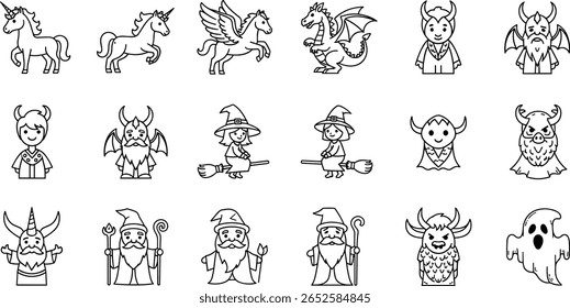 Criatura fantasia conjunto de ícones de linha. Pictogramas vetoriais de unicórnio, pégaso, dragão, bruxa, bruxo, fantasma, vampiro, zumbi