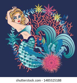 Fantasy creature mermaid with blond hair and fish tail.