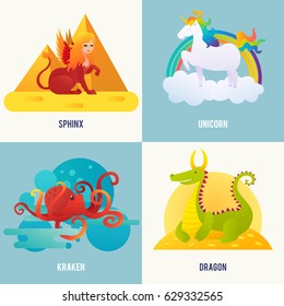 Fantasy Creatures Concept With Sphinx Sitting Near Pyramids, Unicorn Walking On Cloud, Kraken In Water, Dragon Lying On Gold Vector Illustration