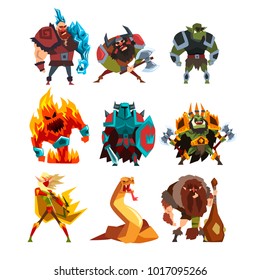 Fantasy creatures and humans. Orc, warrior in armor, fire monster, snake, viking, giant, wild man. Colorful flat vector design elements for mobile computer game