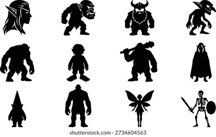 Vector de criaturas de fantasía y razas con silueta negra, con perfil de elfo, guerrero orco, vikingo con cuernos, duende, troll, halfling, club blandiendo gigante, mago camuflado, gnomo, ogro, hada con alas y guerrero esqueleto con espada y escudo, perfecto para juegos de rol, mapas e ilustraciones de libros.