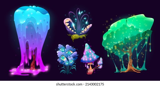 Fantasy creepy plants, trees with dripping slime, mushroom, flower monster with mouth and teeth and grass with eyes. Vector cartoon set of scary fantastic plants and fungus