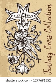 Fantasy cross with lily flower on texture background. Vintage vector decorative religious illustration, old gothic graphic drawings