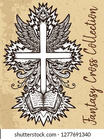 Fantasy cross with wings, flame and book on texture background. Vintage vector decorative religious illustration, old gothic graphic drawings