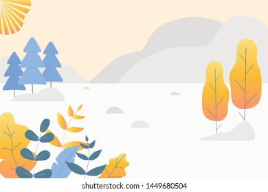 Fantasy cute autumn landscape. Trendy fashion plants, leaves,mountains,sun and nature in minimalistic flat design style. Bushes, trees,pines. Vector illustration.Soft colours