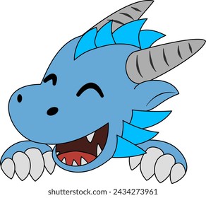 Fantasy and cute blue dragon head with horns on its head and paws under its head in cartoon style
