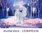 Fantasy cute cartoon of little fairies flying and playing with white unicorn in magic forest,Christmas night, Vector illustration landscape of Winter wonderland.Fairytale background for bed time story