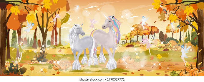 Fantasy cute cartoon of little fairies flying  with two unicorn in magic autumn forest, Vector landscape of Autumn wonderland.Fall season with beautiful panoramic view with Mid autumn natural 