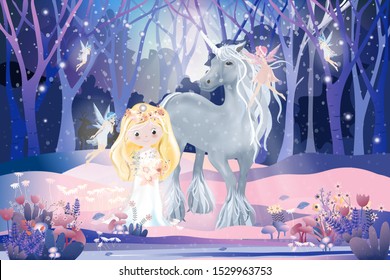 Fantasy cute cartoon of cute princess with little fairies flying and playing with white unicorn in magic forest, Christmas night, Vector illustration landscape of Winter wonderland.