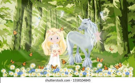 Fantasy cute cartoon of cute princess with little fairies flying and playing with white unicorn in magic forest in spring or summer, Vector kawaii cartoon bed time story for kids