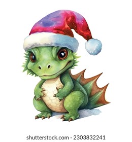 Fantasy cute dragon with christmas hat, great design watercolor White color background. New Year 2024 Vector art illustration. Cartoon dragon