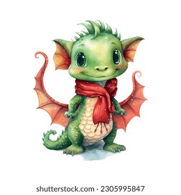 Fantasy cute dragon with christmas sweater, great design watercolor White color background. New Year 2024 Vector art illustration. Cartoon dragon