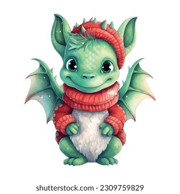 Fantasy cute dragon with christmas sweater, great design watercolor White color background. New Year 2024 Vector art illustration. Cartoon dragon