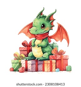 Fantasy cute dragon with gifts christmas, great design watercolor White color background. New Year 2024 Vector art illustration. Cartoon dragon