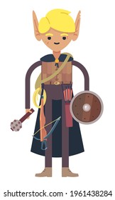Fantasy cute elf man ranger character in a cartoon style with crossbow and arrows dressed in leather armor. Flat vector illustration