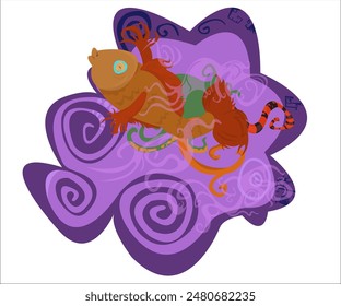 A fantasy cute fish, swimming in exotic waves of an ocean; violet vintage background. This cartoon illustration can be used for swimming, fishing clubs, tourist groups, aquatic shops. Vector, isolated