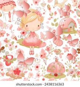 Fantasy cute fun seamless pattern for baby girls. Vector beautiful colorful background in pink colors with flowers, dolly, butterflies. Repeat funny backdrop. Childish fabric pattern, wallpaper.