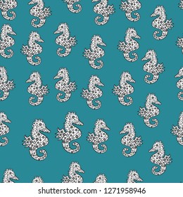 Fantasy cute illustration. Vector. Nice seamless pattern for boys, girls, clothes, wallpaper. White, blue and black Sea horse hippocampus watercolor illustration on white, blue and black background.