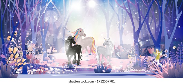 Fantasy Cute Little Fairies Flying And Playing With Unicorn Family In Magic Forest At Christmas Night, Vector Illustration Landscape Of Winter Wonderland.Fairytale Background For Bed Time Story Cover