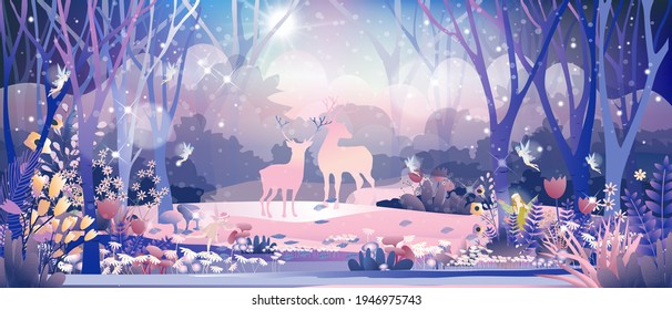 Fantasy Cute Little Fairies Flying And Playing With Reindeers Family In Magic Forest At Christmas Night,Vector Illustration Landscape Of Winter Wonderland.Fairytale Background For Bed Time Story Cover