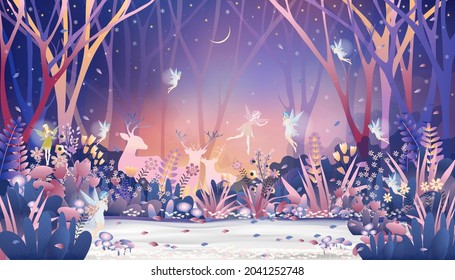 Fantasy cute little fairies flying and playing with reindeers family in magic forest at Christmas night,Vector illustration landscape of Winter wonderland.Fairytale background for bed time story cover