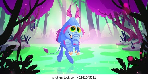 Fantasy Cute Monster Flying In Forest With Swamp. Vector Cartoon Fairy Tale Illustration Of Jungle Landscape And Magic Creature, Ugly Alien Animal With Fur, Wings And Trunk