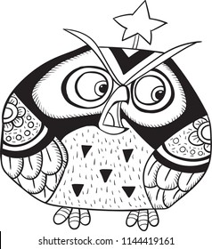 The fantasy cute owl. Hand drawn illustration, for coloring, pattern design, background, decoration, books illustration, wall paper.