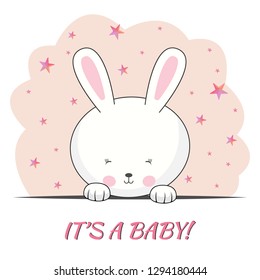 Fantasy cute rabbit face isolated on pink background. its a girl slogan. Children's graphics for t-shirts and can also be used for other. Greeting card.