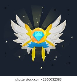 Fantasy Cute White Golden Wings  Angel Reward Winner Element Ribbon Blue Diamond Coin Cute Cartoon Colorful Vector Design