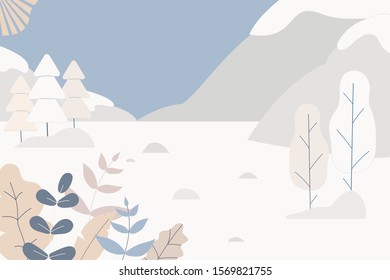 Fantasy cute winter landscape. Trendy fashion plants, leaves,mountains,sun and nature in minimalist flat design style. Bushes, trees,pines. Vector illustration.Soft colours