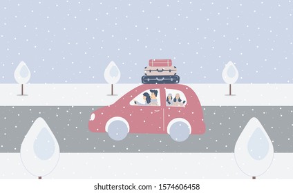 Fantasy cute winter landscape.Family car trip with suitcases.Parents and children are travelling.Trendy fashion trees in minimalist flat design style. Vector illustration.Soft colours.It is snowing