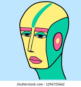 Fantasy cyberpunk portrait of yellow and turquoise bald character with pink lips and eyebrows. Surreal digital illustration on blue background. Art for children book, poster, print or banner