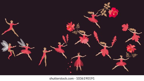 Fantasy dance of beautiful fairies and elves in red costumes. Spring flight of magic characters with flowers. Vector illustration.