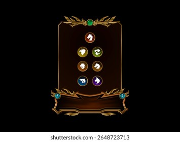 fantasy dark medieval trading card game with gold frame and dragon, eagle, shark, wolf, horse, lion, snake logo symbol