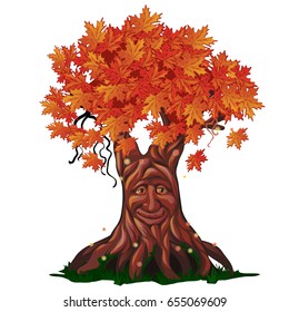 Fantasy Deciduous Tree With Face In The Fall Isolated On White Background. Golden Autumn In The Enchanted Forest. Vector Cartoon Close-up Illustration.