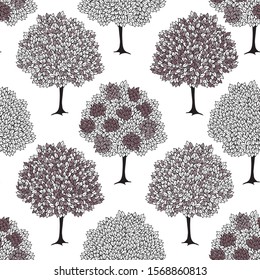 Fantasy deciduous trees seamless pattern with variegated crowns. Outline drawing of large and small trees in the garden. Suitable for wallpaper, textile, wrapping paper.